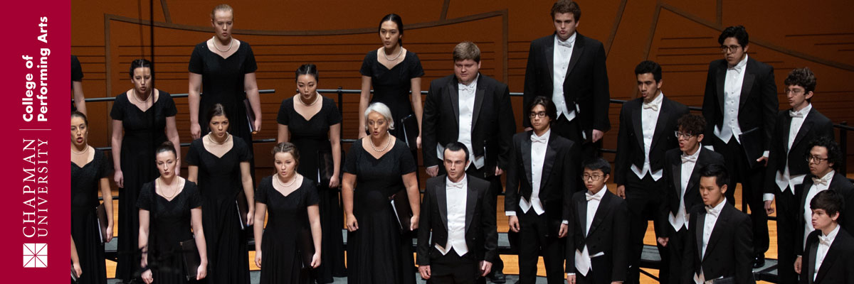 Chapman University College of Performing Arts | A choir stands at the ready on the risers. Mid aria, their voices mix in harmony.