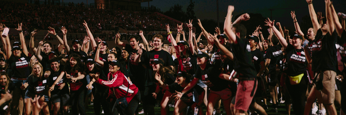Students on the field with their hands up cheering and watching an event.