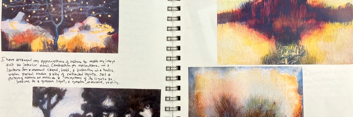 Close up photo of pages in a spiral bound notebook containing watercolor images with written notes underneath.