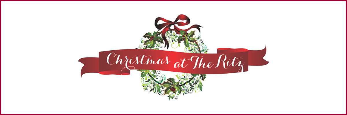 Christmas at the Ritz on a red banner with a green wreath that has a red bow in the background. White background and red border. 