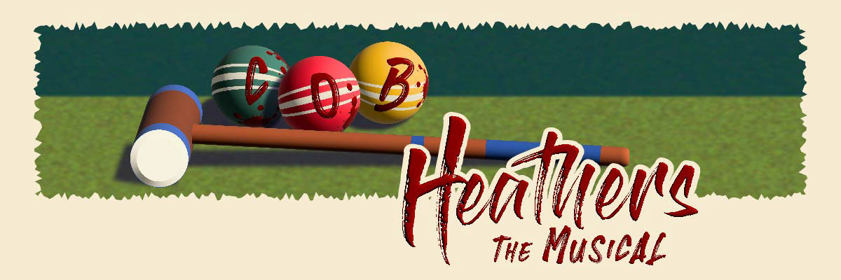 A croquet set sitting on the grass. The initials for Chapman on Broadway are written on the croquet balls with the mallet resting on the ground in front. Heathers The Musical.