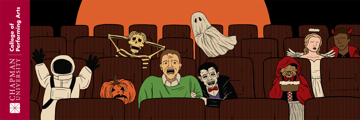 Chapman University College of Performing Arts. Cartoon-style digital illustration of spooky characters in Halloween costumes, a skeleton, a vampire, and a ghost sitting in movie theatre seats and gasping with fright.